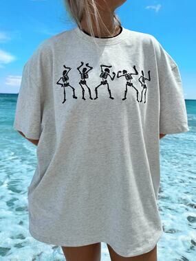 Sunkissed Coconut Embroidered Dancing Skeletons Tee Shirt Gray Womens Large NWOT